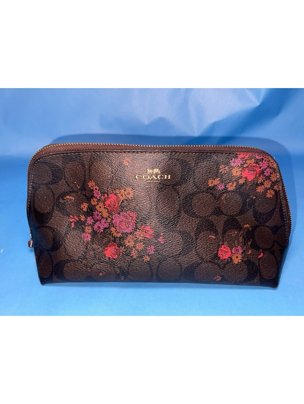 Coach Signature Floral Cosmetic Makeup Case Zip Pouch Brown Pink Women’s